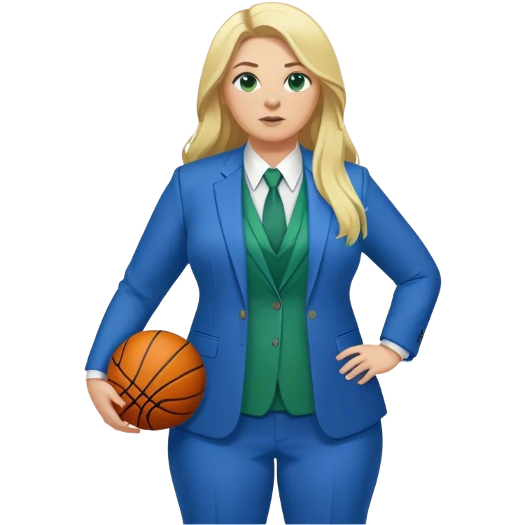 Full Body white plus size female basketball head coach with long blonde hair in a blue and green suit emoji