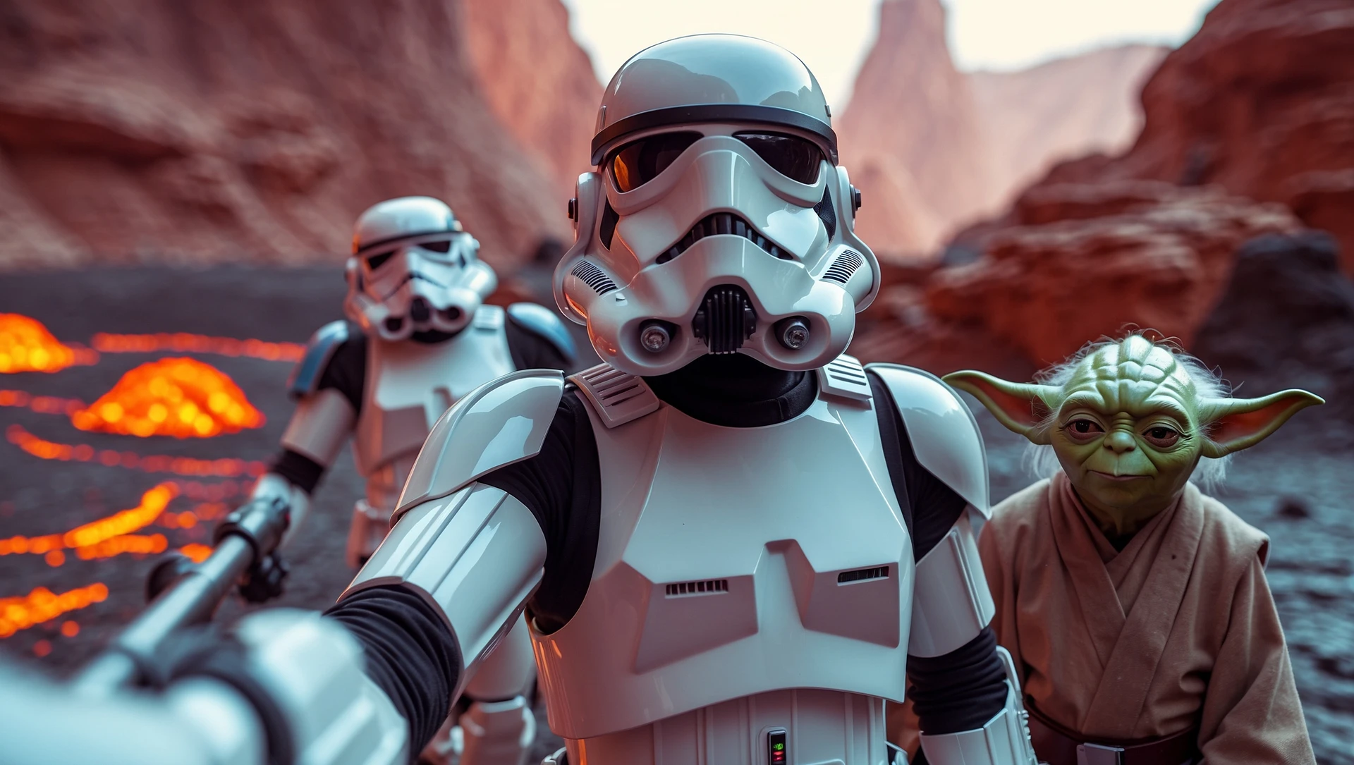Camera POV, Starwars stormtroopers vlogging selfie, he is walking on lava planet with yoda emoji