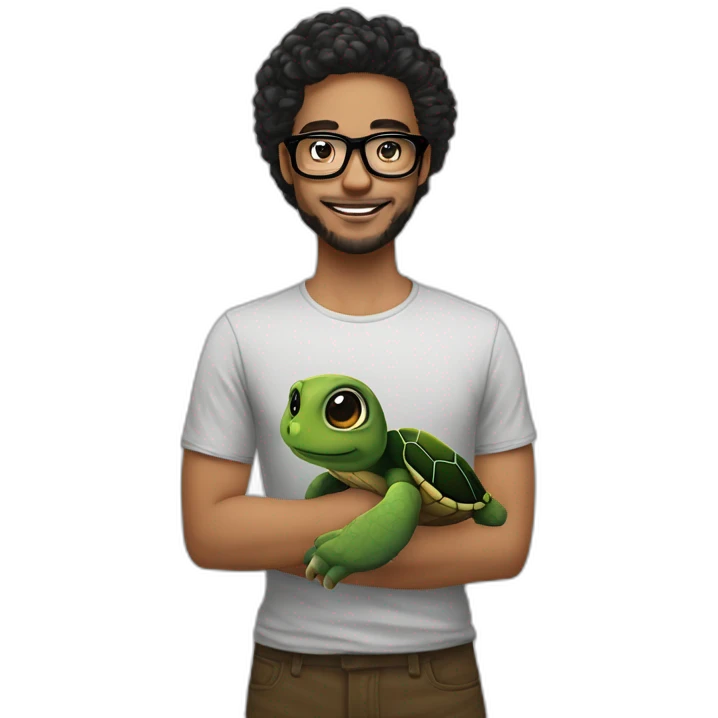 Mec brun avec lunette noir cheveux bouclés et un tatouage de tortue emoji