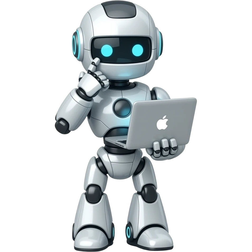 cute robots use mac book -- acting link it look for sth and thinking emoji