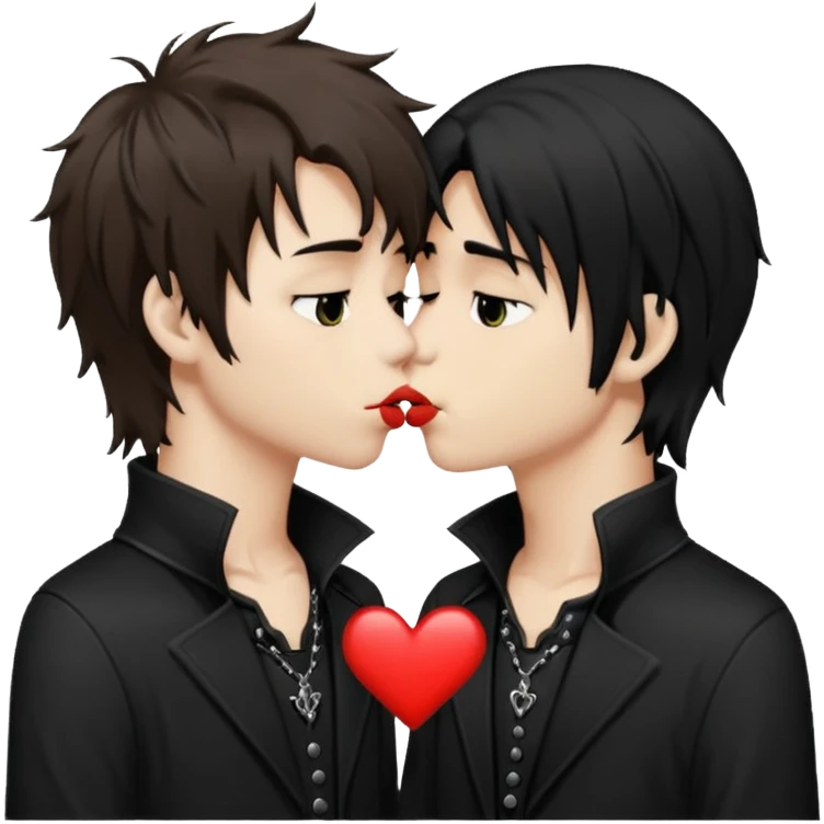 Goth Boys, one goth boy pale with shaggy brown hair the other a goth boy tan with long black hair, kissing emoji