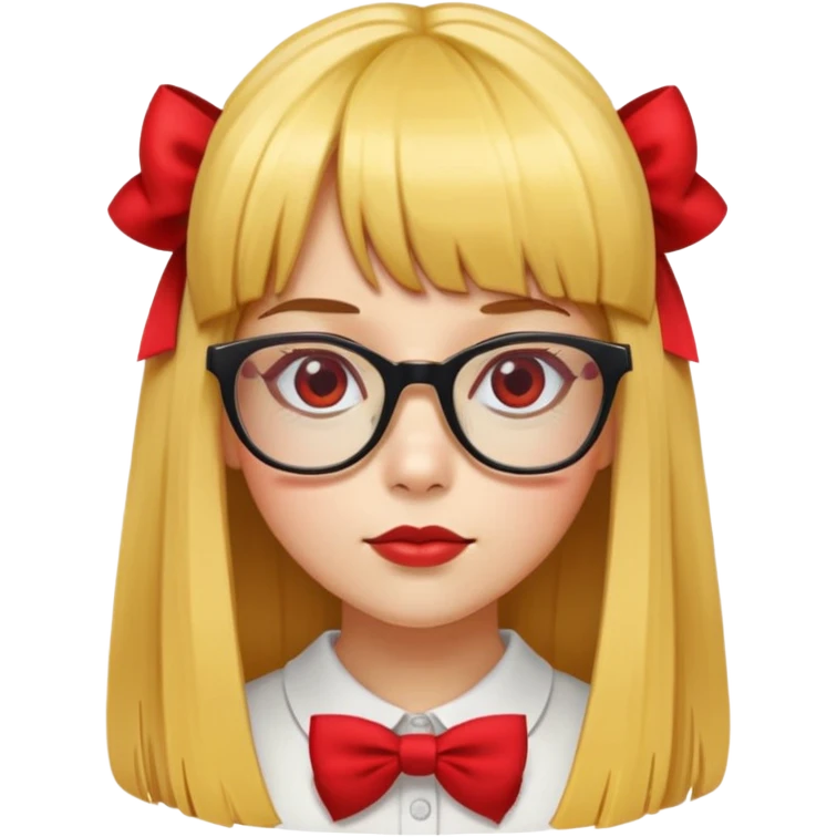 yellow skin girl with long straight hair, bangs, red bow on hair, square glasses emoji