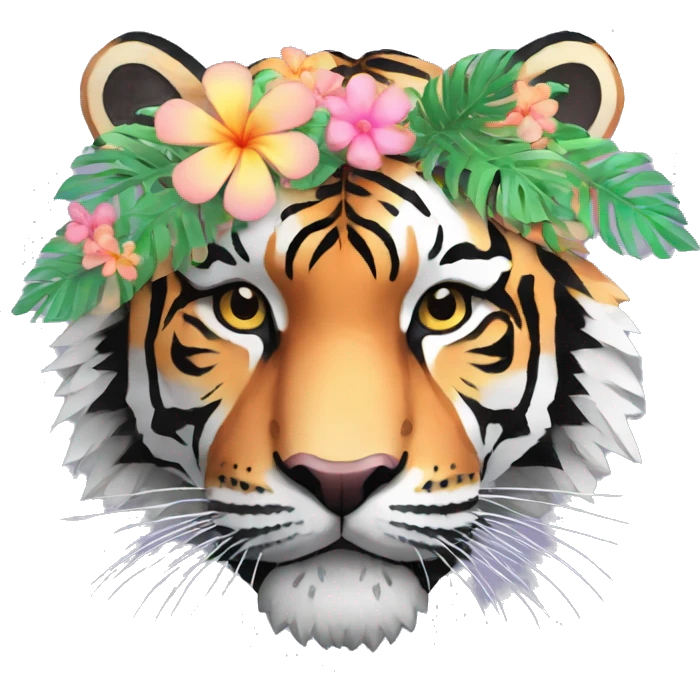 Pixel art of a pixel pastel tiger wearing tropical flowers and leaves, flower crown, floral, pixel emoji