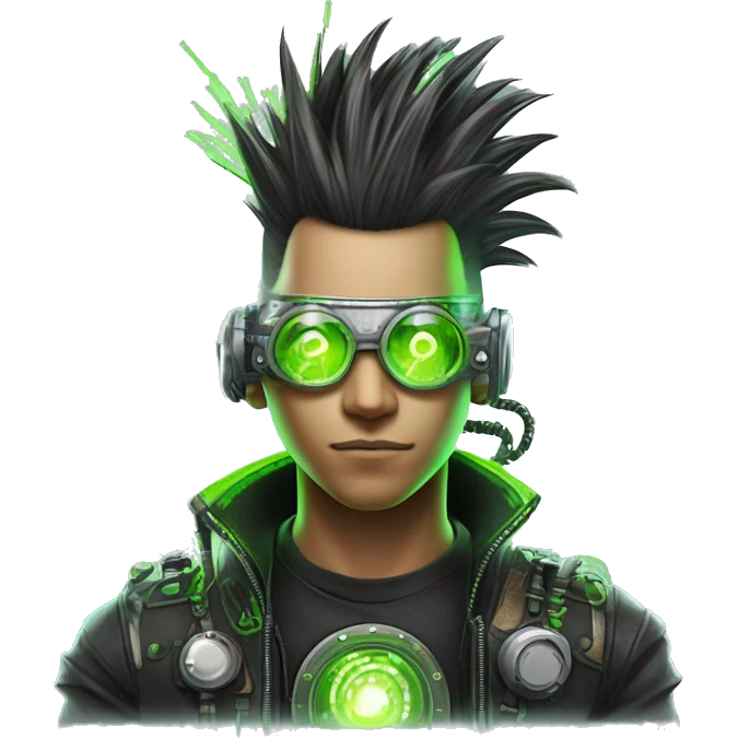Mohawk hair with neon green highlights Asian male cyborg head with neon silver steampunk goggles and circuits emoji