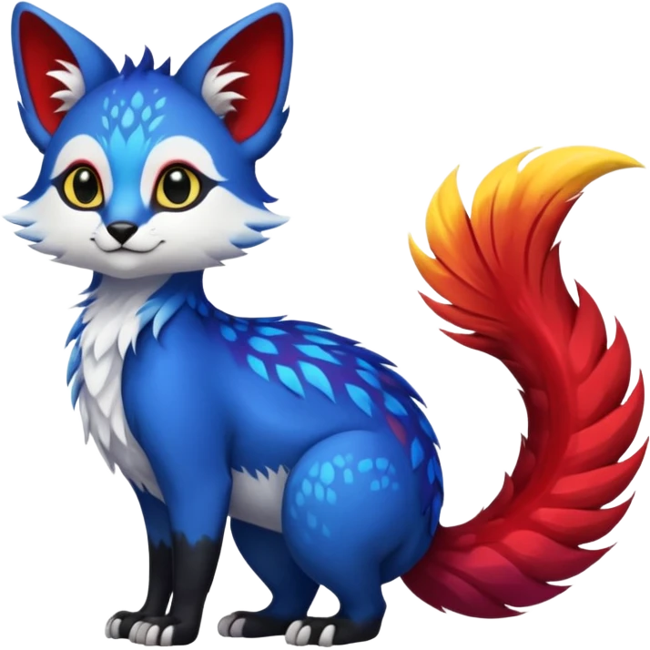 Feral Rare Fantasy vibrant tropical exotic cobalt-blue-crimson-red-black-white-yellow-gradients, Vernid-Trico-species-creature by LiLaiRa, random markings, tufted tail, tufted ears, full body emoji