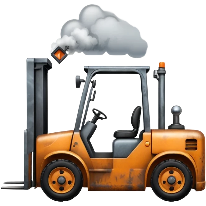 ugly, broken forklift with clouds of smoke around emoji