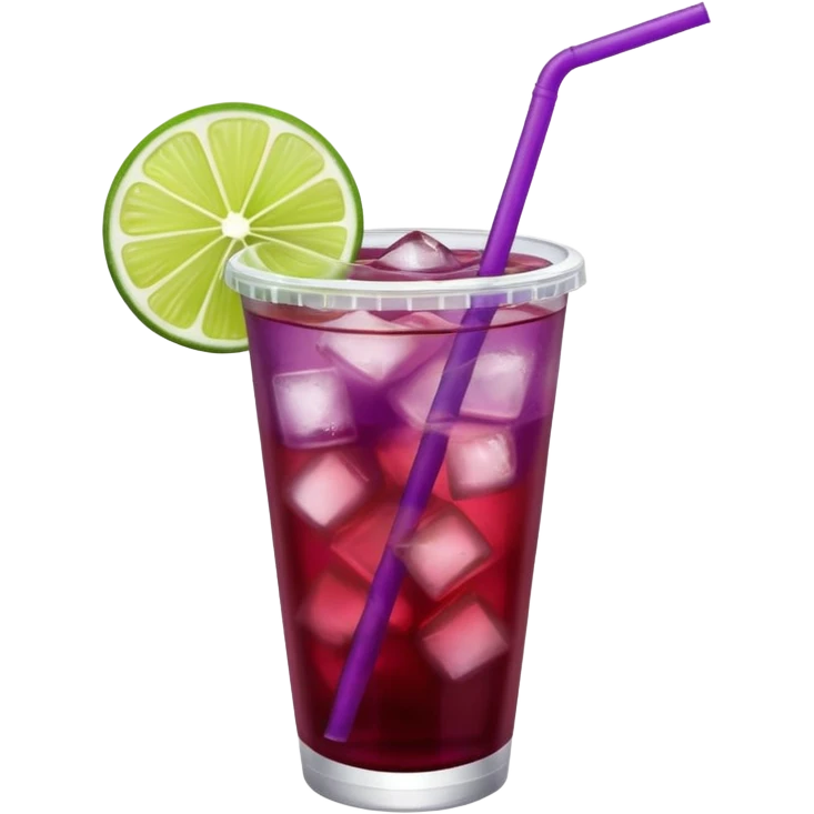 maroon purple cocktail with a lime wedge in the drink in a plastic cup with lid and straw

 emoji