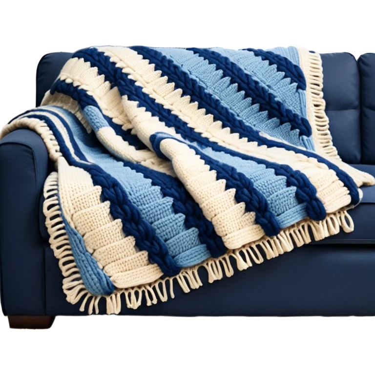 detailed, hyperrealism, still life style, beautiful realistic blue, pastel blue  and cream ultra chunky wool blanket laying over a dark sofa, with one decorative realistic 3d vintage patterned pillow emoji