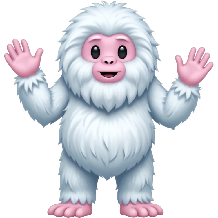 A fluffy, white creature resembling a yeti stands upright, featuring a round body and long, shaggy arms. Its face is smooth with a simple, flat mouth and without eyes. The hands and feet are pink with claw-like digits, and the creature has a whimsical, cartoonish appearance emoji