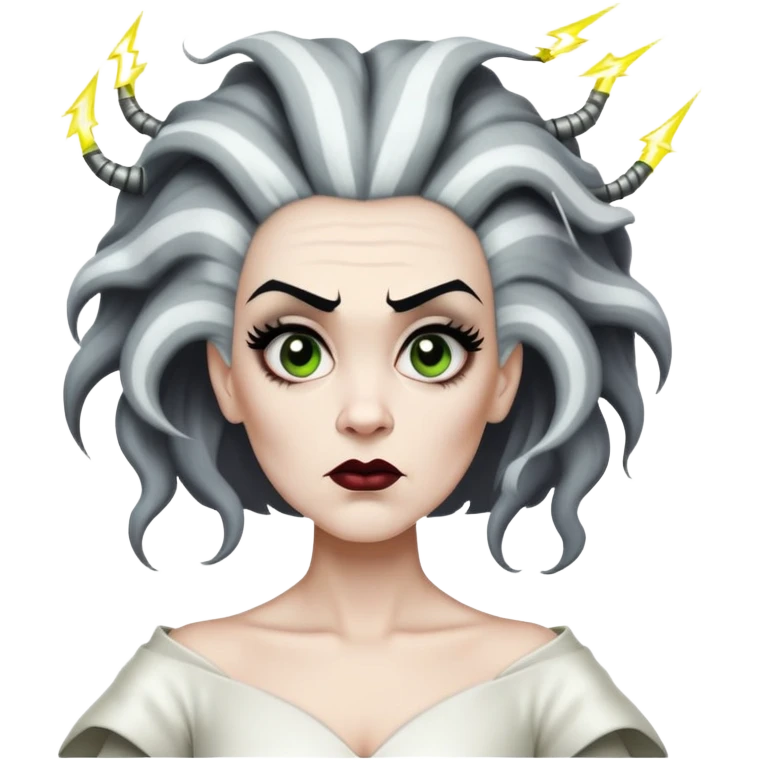 Bride of Frankenstein with tall black and white hair with lightning streaks emoji