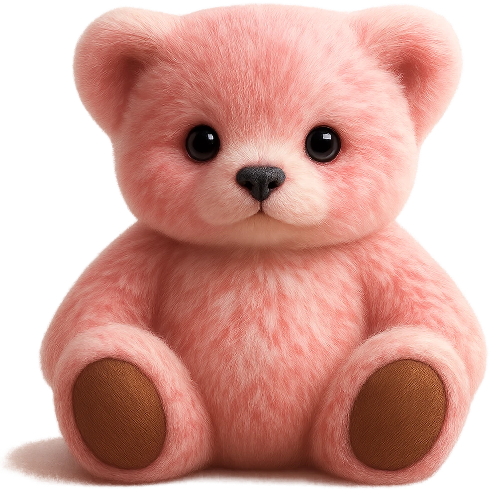 Make the teddy bear's fur a mix of realistic pink and white with soft lighting. Remove the background to make it transparent. emoji