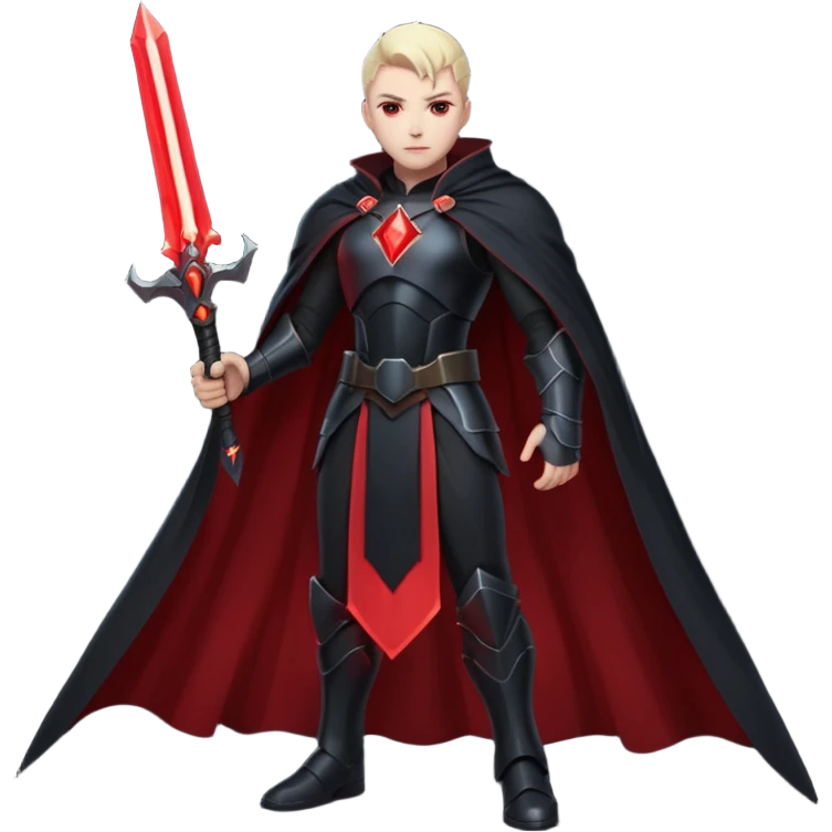 dark sci-fi villain human, black armor, long cape, glowing red energy sword, dramatic pose, 3D cartoon, mobile game icon style, clean background, no text emoji
