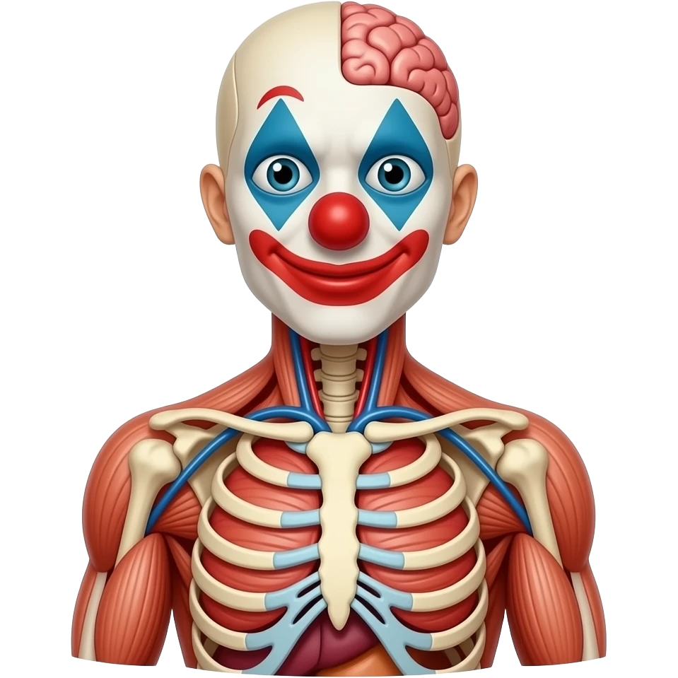 a body made out of body parts  organs bones muscles brains eyeballs head wearing a clown mask emoji