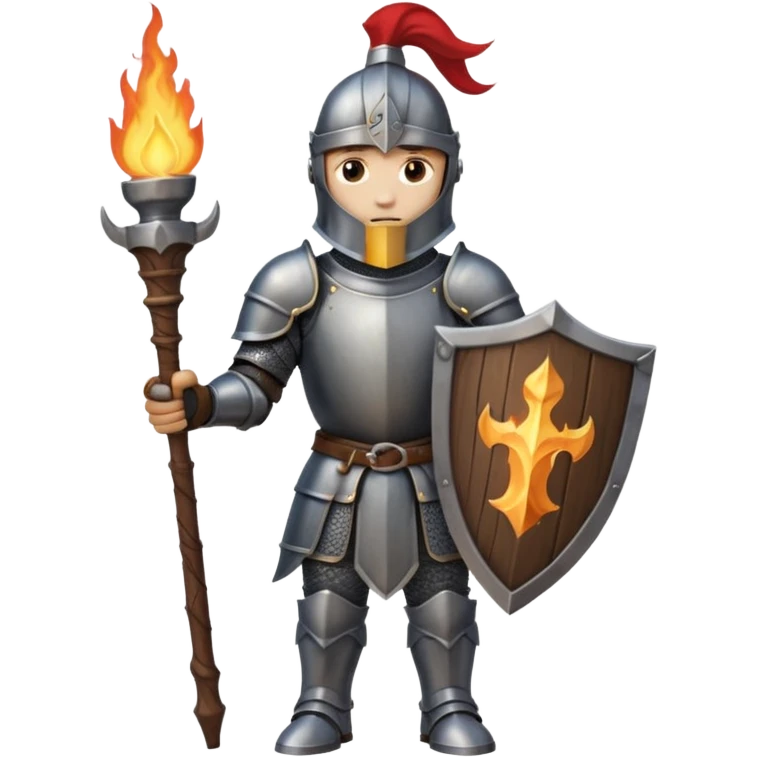 knight holding a wooden torch in hand wearing darker, realistic iron armor emoji