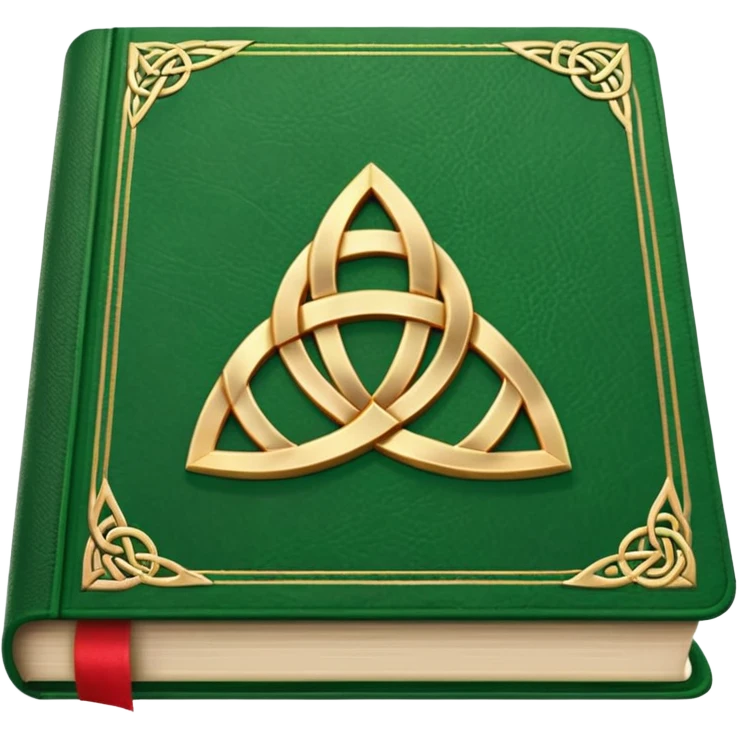 a green closed book with a golden triquetra on it with a red ribbon between the paged emoji