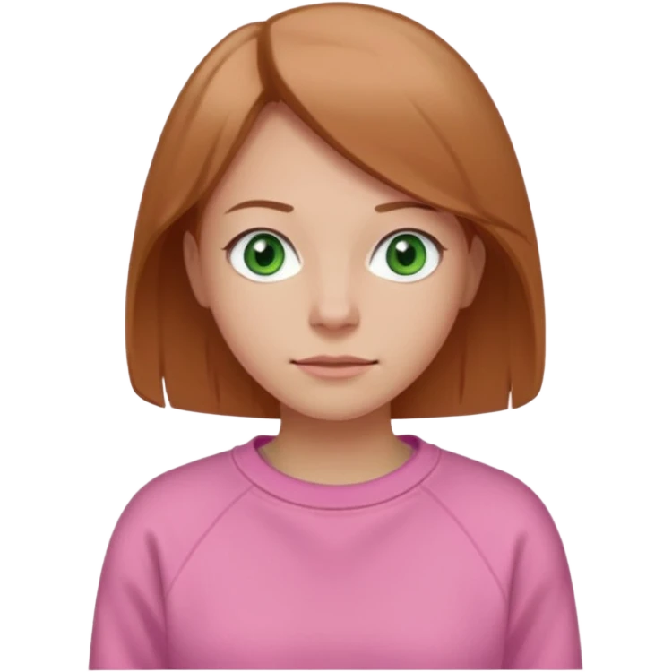  Una donna con una felpa semplice rosa, senza cappuccio. i capelli sono lunghi fino alle spalle marroni chiaro,gli occhi sono verdi e la bocca è contenta ma non sorride emoji