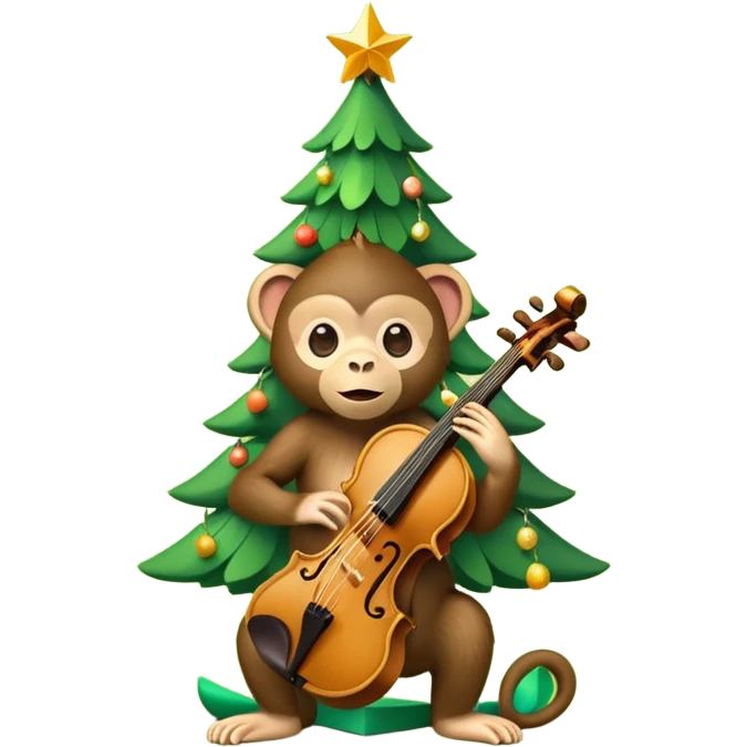A cute, minimal emoji-style Christmas tree with a bright green triangular shape decorated and a small playful monkey with a violin emoji