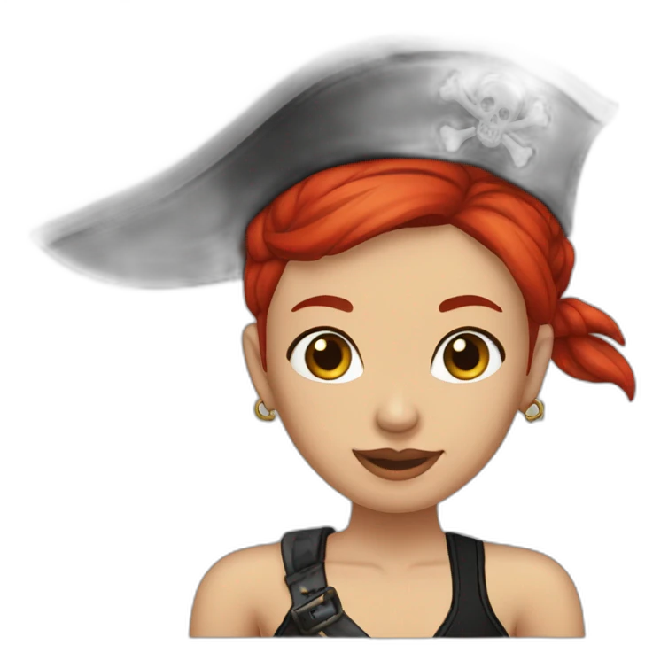 Woman red hair, left side of head is shaved, tattoo on left side of head, pirate hat, skull and crossbones t shirt emoji