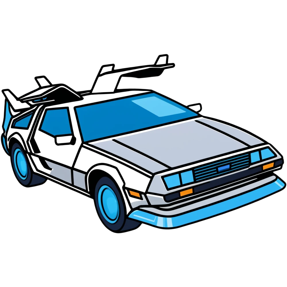 Top-down view of retro-futuristic hover car inspired by the DeLorean, open gullwing doors, silver metallic body with blue-tinted windows, stylized jet boosters in the back, flat vector style, outlined shapes, minimal design emoji