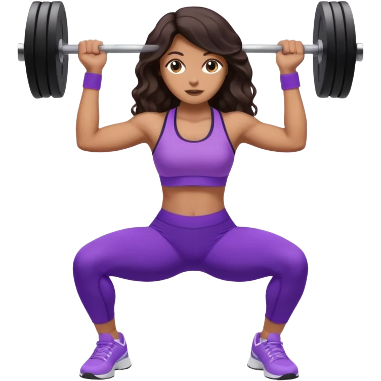 mujer de tez trigueña, con cabello castaño oscuro ondulado no muy marcado, hasta las nalgas super largo estilizado, con ropa deportiva morada/lila, tenis blancos deportivos y levantando una pesa emoji