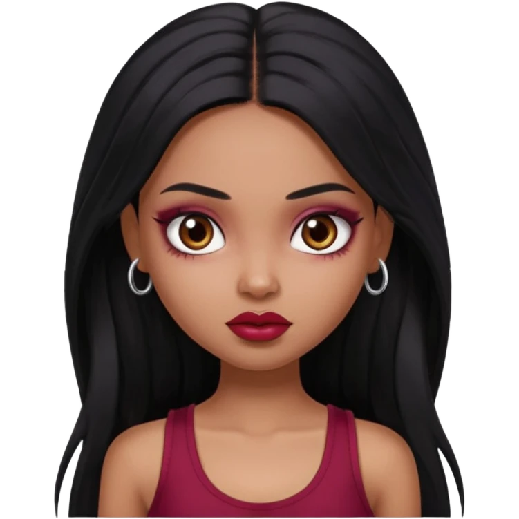 a pretty bratz girl with long black hair, kajal under eyes, small silver hoop. Dark cherry red tank top on.  emoji