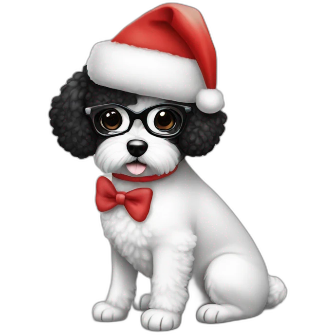 woman-black hair-bow-glasses-bichon dog-sitting-christmas hat emoji