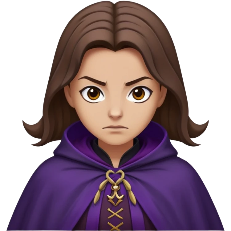 Alecto Carrow in harry potter, a woman fat, brown hair, tied hair, look evil, dark purple cloak emoji