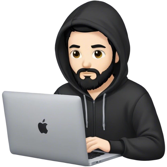 hackeur blanc cheveux noir barbe et capuche noir avec un macbook emoji