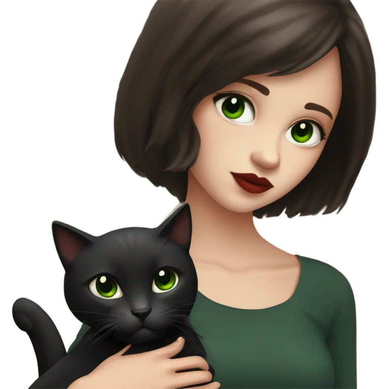 A teenage girl with white skin, she have some green hazel eyes, red lipstick, mid long straight dark brown hair, she have an eyeliner and she is holding a black cat in her arms, view from close emoji