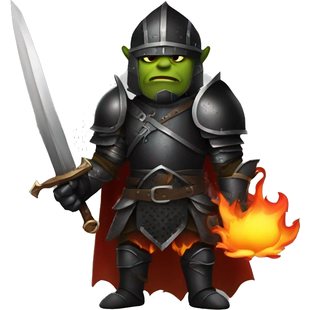 Orc black knight with night armor, sword with flames, Halloween theme, emoji emoji