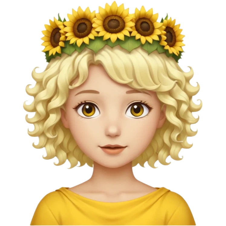 Fair skin female, short platinum-blonde curly hair, wearing a yellow sunflower crown. emoji