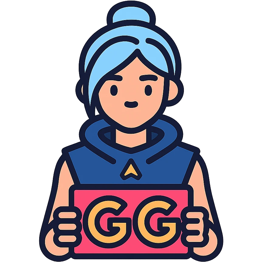 Resize the image to 500x500 pixels and ensure the file size is under 1 MB. Keep Jett from Valorant holding 'GG' text vibrant and energetic in a lineal color icon style with black outlines. emoji