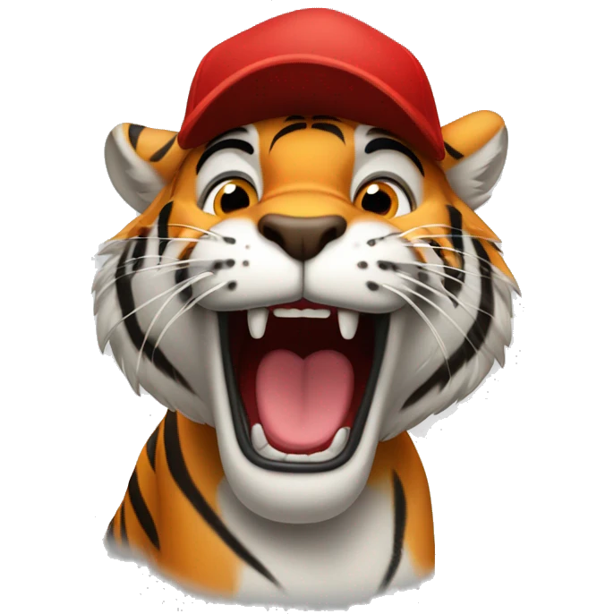 Excited tiger with a red cap which has letter "T" emoji