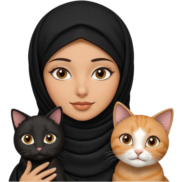 A Arabic woman human with brown eyes and black hijab. , two cats, the both cats have the colour black and white in the same colour,   emoji