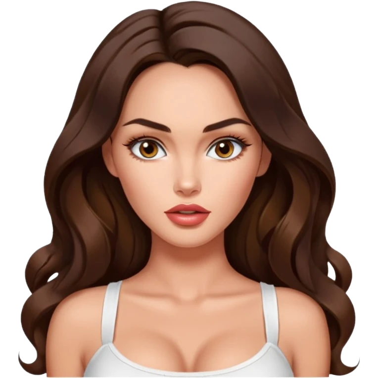 Megan fox, fashion model Beautiful woman model adult   large breasts  with monolid narrow eyes tan skin, full cupids bow lips  long curled brunette hair model white  top gorgeous  emoji