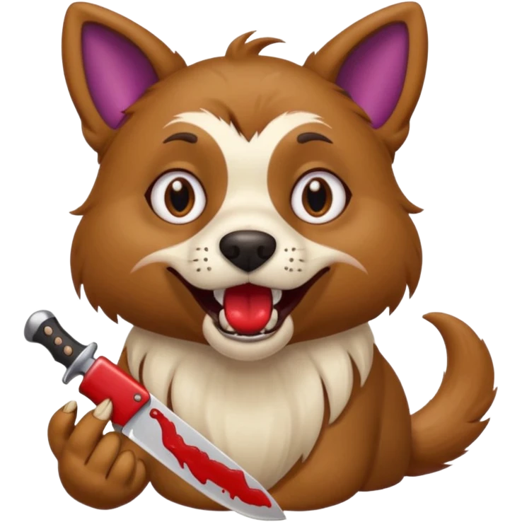 dog with wild crazy eyes holding bloody knife in one paw and eggplant in mouth emoji