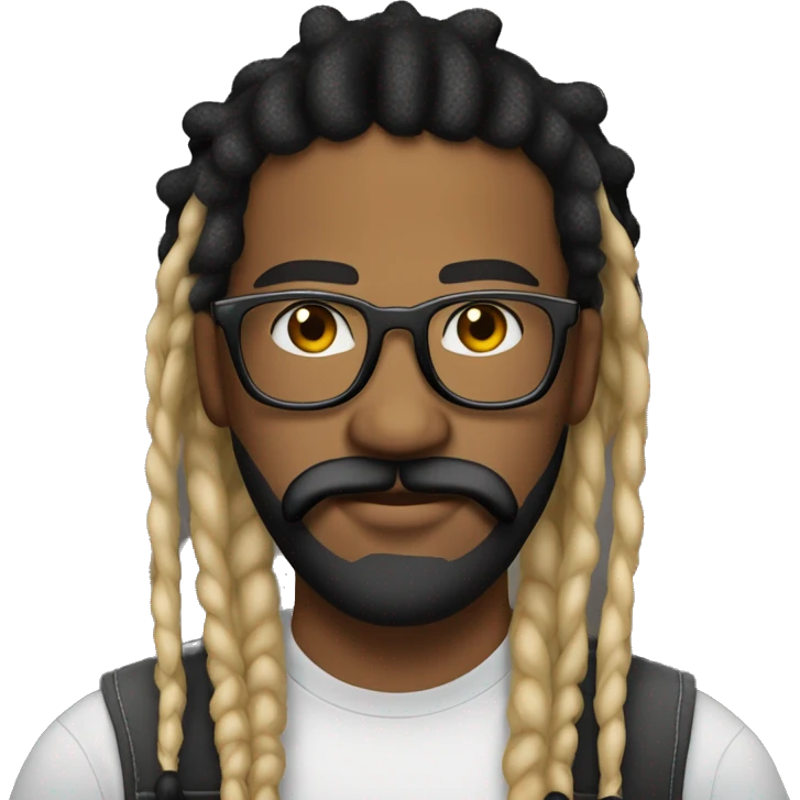 Guy with  blonde and black dreadlocks tied behind head, with big frame glasses, with beard and mustache, a trucker hat, septum ring emoji