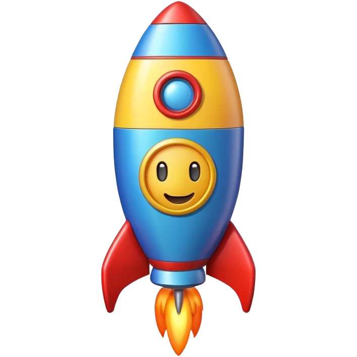 A colorful toy rocket with a cute happy face on its body emoji