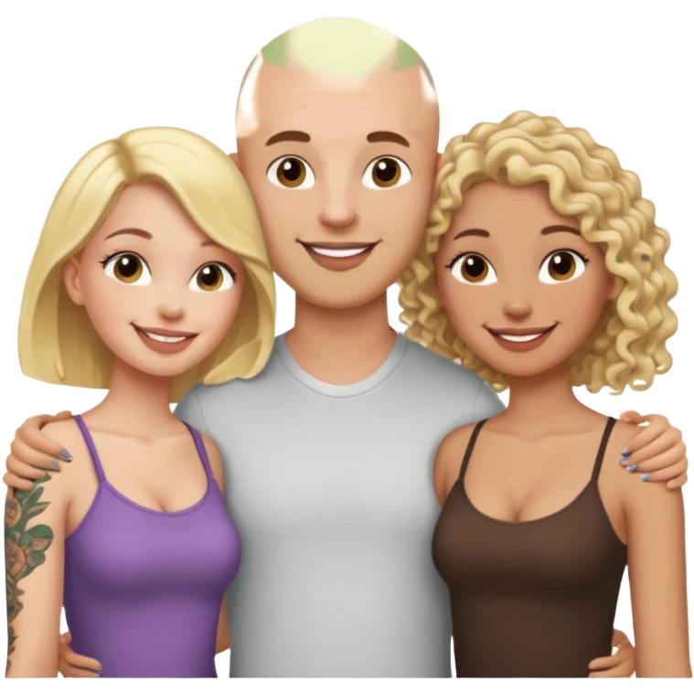 throuple tatted bald boyfriend with two girlfriends, one long blonde hair, other short curly brunette  emoji