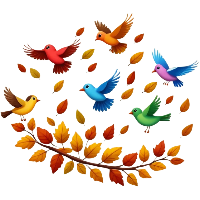 birds flying away in autumn with colorful fall leaves, simple and expressive emoji