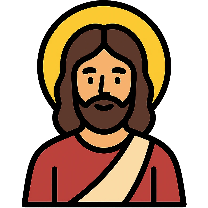 Jesus depicted in a modern color icon style, clear lines, gentle expression, halo, simple background emoji