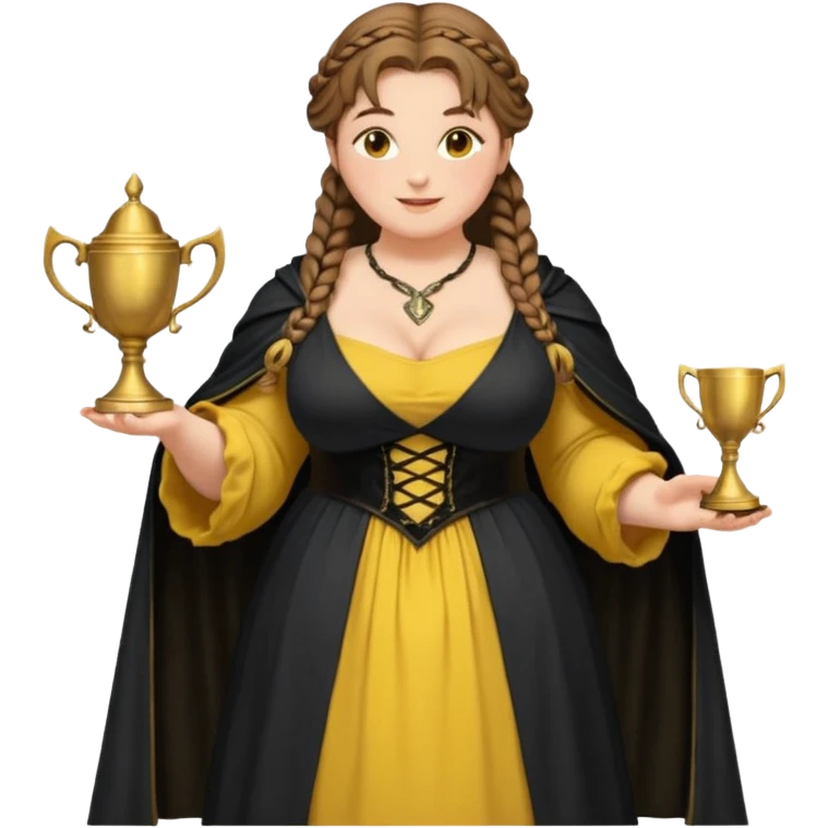 Helga Hufflepuff,brown-haired,2 braids,yellow-black medieval open dress,deep neckline,fat macromastia,black cloak decorated with gold braiding,gold cup with two handles,very kind smile,curvy busty sweet woman,round rosy cheeks,full length with medieval shoes emoji