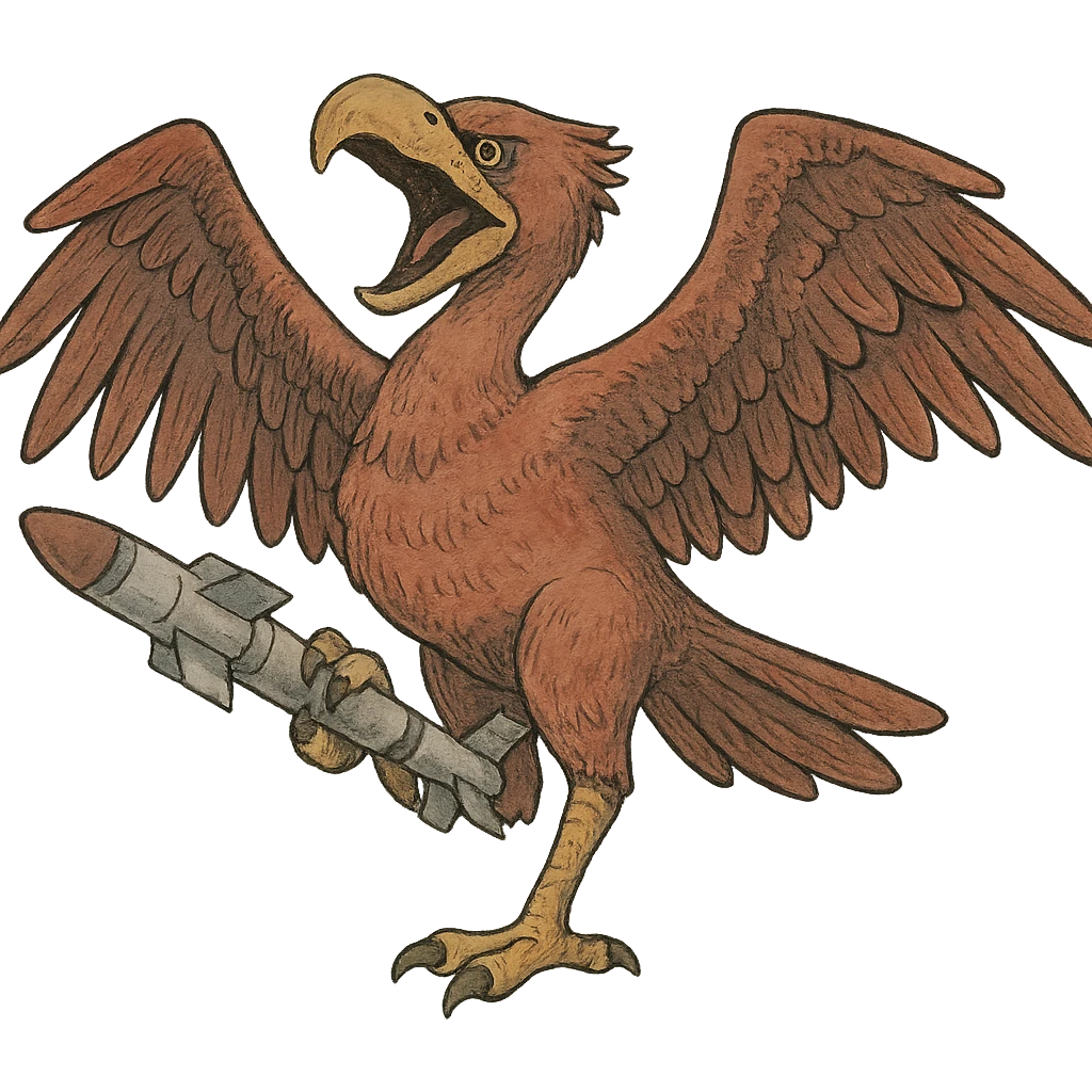 an insignia for a flag: a strange foreign alien bird creature, resembling a prehistoric phorusrhacos, gripping a sidewinder missile in its' powerful claw, standing up on its' other claw, cawing fiercely, wings spread in defiance.
 emoji