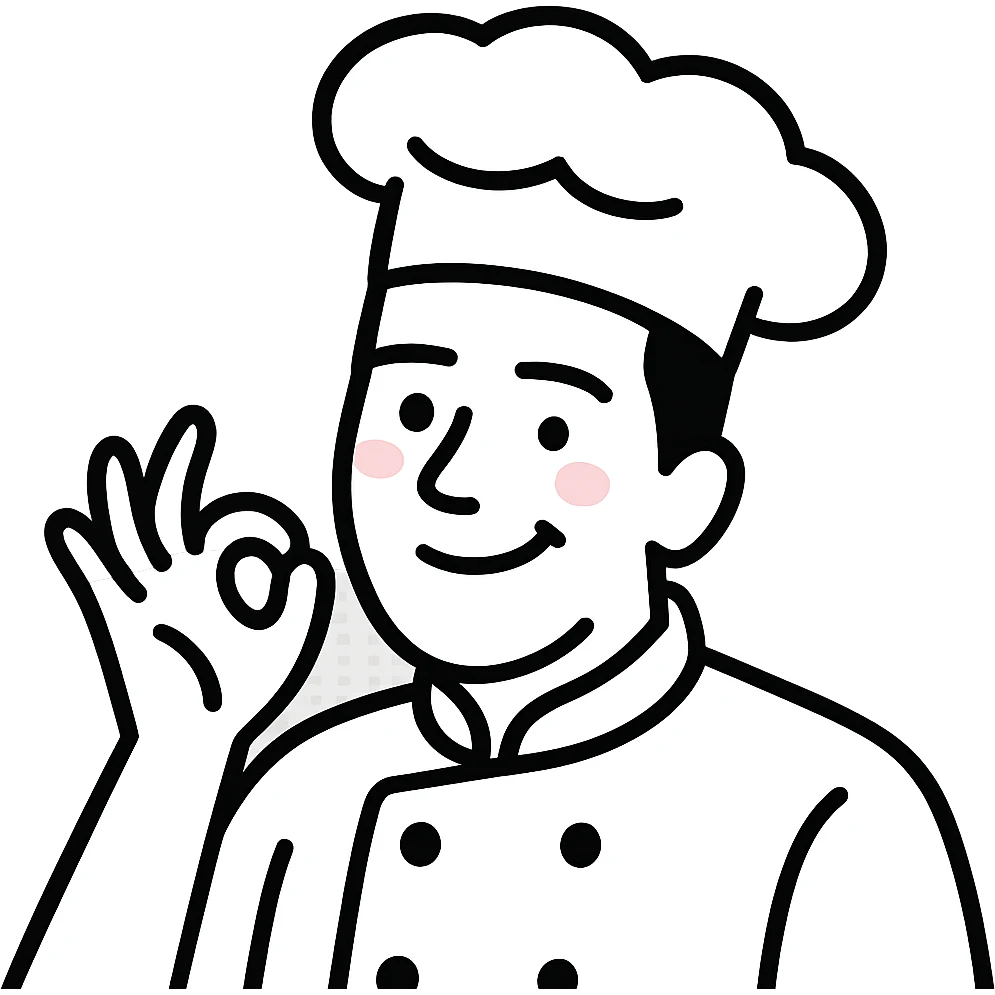 A chef character with a playful smile, wearing a chef's hat, and looking pleased with their creation emoji