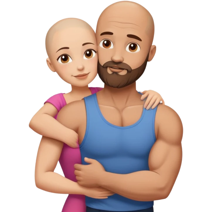 Muscular Bald man with a beard hugging his young beautiful brunette wife emoji