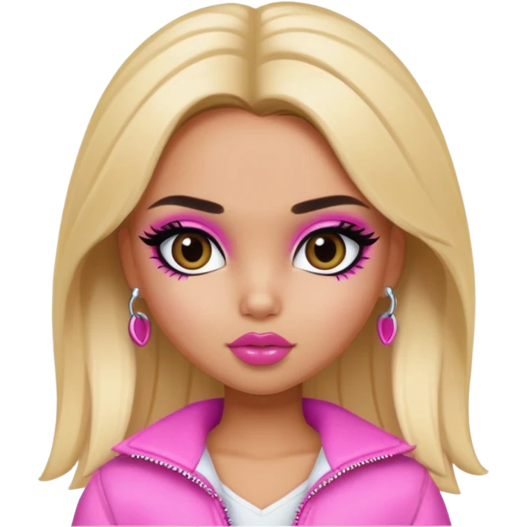 pretty bratz girl, blonde hair, dark brown eyes, pink lips, black eyeliner, tan skin, cute y2k clothes emoji
