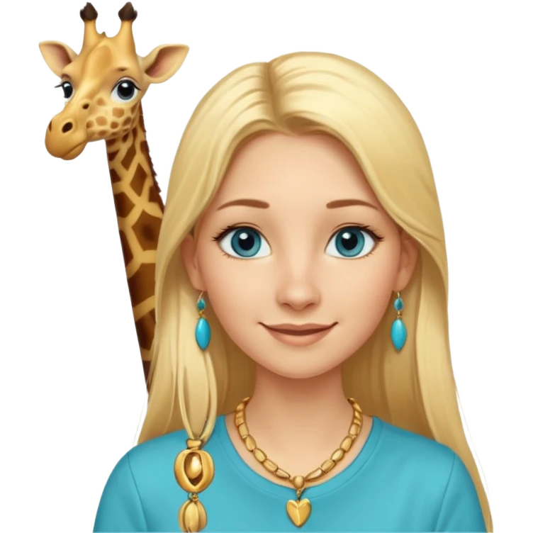 Swedish girl blonde long straigt hair blue eyes turqoise shirt gold earings, girrafe necklace gold small, long lashes smiling closed mouth emoji