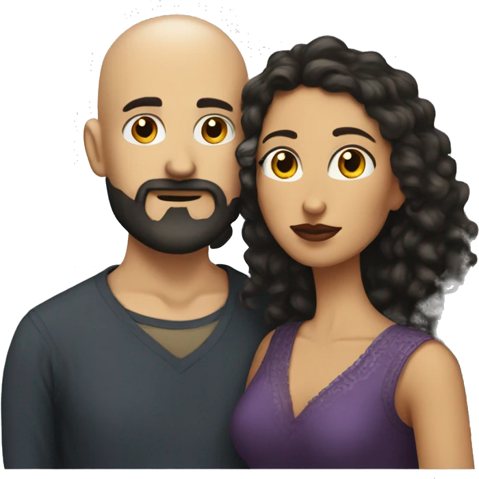 White Man bald with dark beard kissing Mexican woman with long dark curly hair emoji