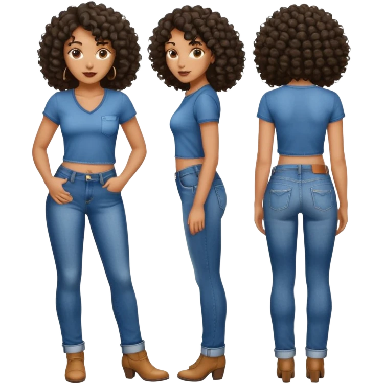 A black woman with curly hair with a penis print showing in jeans emoji