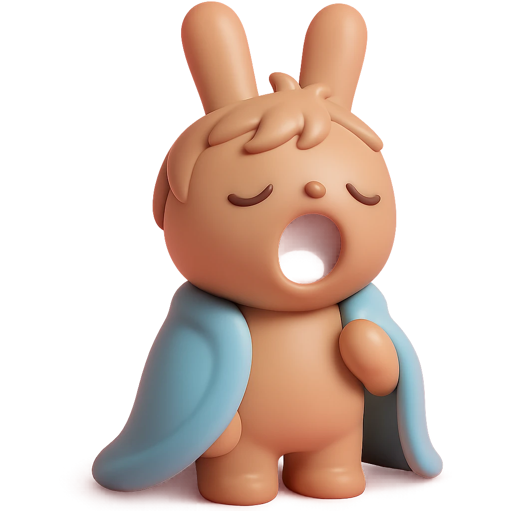 full-body pale brown bunny yawning with messy hair, blanket over shoulders, vinyl figure style emoji